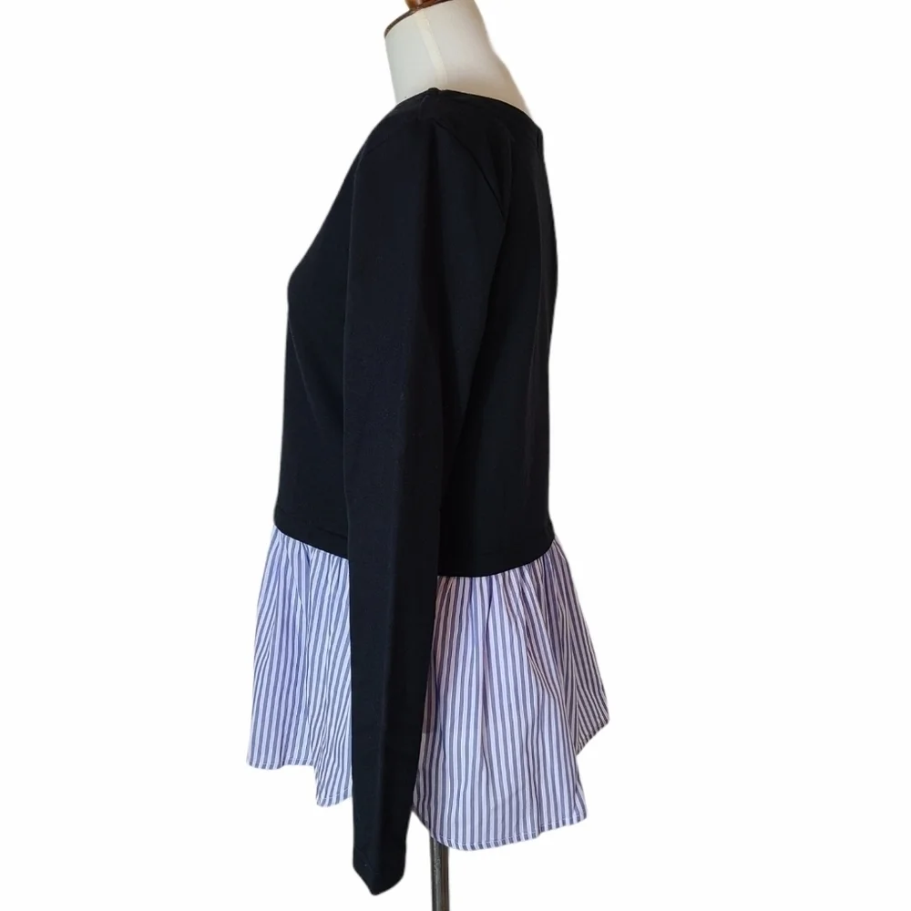 Nicole Miller Navy Blue Ruffle Stripe Cotton Crewneck Sweatshirt XSmall NWT - Picture 4 of 10